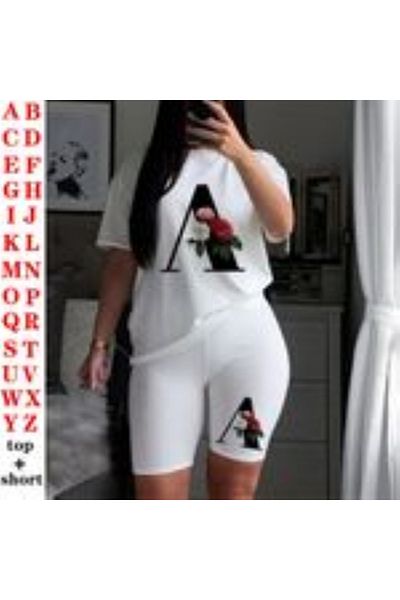 PENTHİLUS Women's 2 Piece Sets Alphabet Letter T-Shirt and Shorts Summer Short Sleeve O Neck Casual Biker Shorts(Single