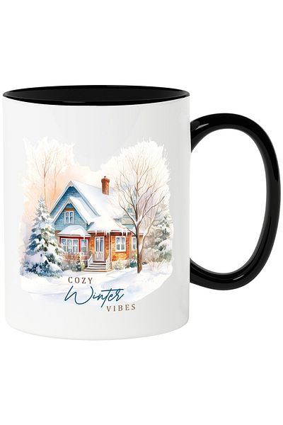 StoryGift Romania Cana cu o casa acoperita cu zapada cu mesajul "Cozy Winter Vibes", simti, Craciu, Cu Maner Negru