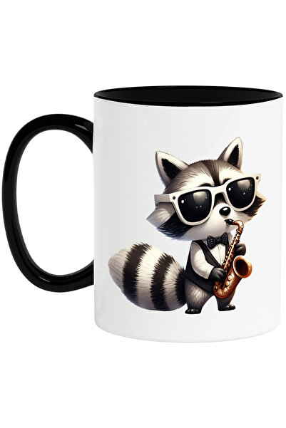 StoryGift Romania Cana cu un raton care canta la saxofon, ilustratie, ochelari, costum, papion, mu, Cu Maner Negru