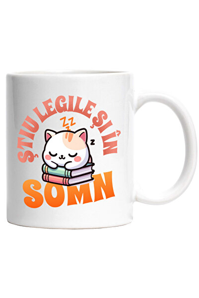 StoryGift Romania Cana cu pisica somnoroasa dormind Pe Teanc De Carti Text Ha...