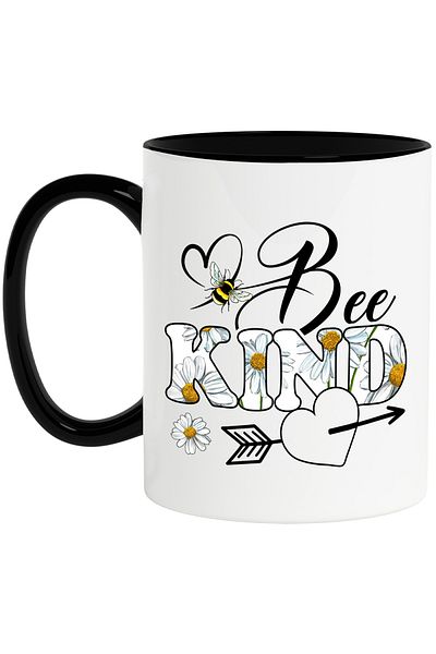 StoryGift Romania Cana cu mesajul "Bee kind", ilustratie, motivational, fii bun, inima, flori, alb, Cu Maner Negru