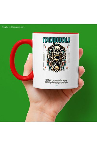 StoryGift Romania Mug The Sands of Time skull head hourglass time, 330ml, Ceramic with Red Handle, With ,STG