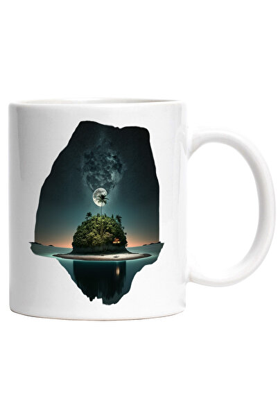 StoryGift Romania Cana Cu Insula sub Luna, Palmieri, Nisip,Ceramica, 330ml, cu Maner Alb, Cu Maner Alb