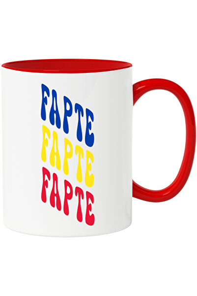 StoryGift Romania Cana Cuvantul Fapte, in Culorile Steagului Romaniei, Rosu, Galben, Albastru, Tex, Cu Maner Rosu