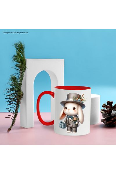 StoryGift Romania Mug with a bunny in a costume, illustration, hat, gift, bouquet of flowers, but p, With ,STG