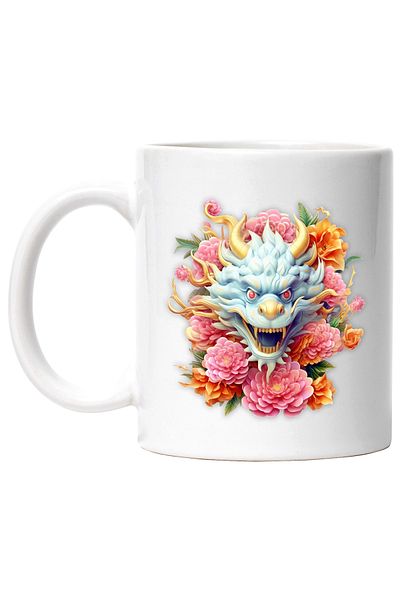 StoryGift Romania Cana cu un dragon chinezesc, ilustratie, floricele, roz, an nou, China, anul dra, Cu Maner Alb