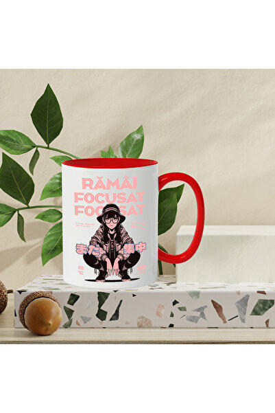 StoryGift Romania Mug Stay Focused. Urban Woman Anime Style Drawings, 330ml, Ceramic with Red Handle, With Red Handle