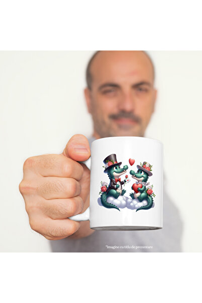 StoryGift Romania Cana cu 2 crocodili care stau pe nori | veselie | ilustratie | fericire | tranda, Cu Maner Alb