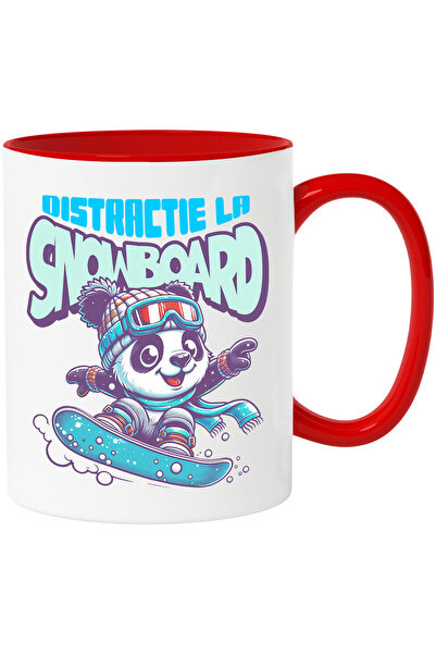 StoryGift Romania Cana cu Urs panda cu Echipament Sport Placa De Snowboard Sport De Iarna Text Dis, Cu Maner Rosu