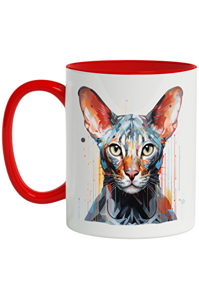 StoryGift Romania Cana Cu Pisica, Sphynx, Dungi, Geometric, Abstract, Multicolor 330 ml, Ceramica , Cu Maner Rosu