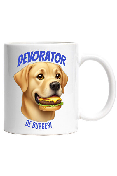 StoryGift Romania Cana Caine Mancand un bUrger, Text devorator Burgeri, 330ml, Ceramic cu Maner Al, Cu Maner Alb