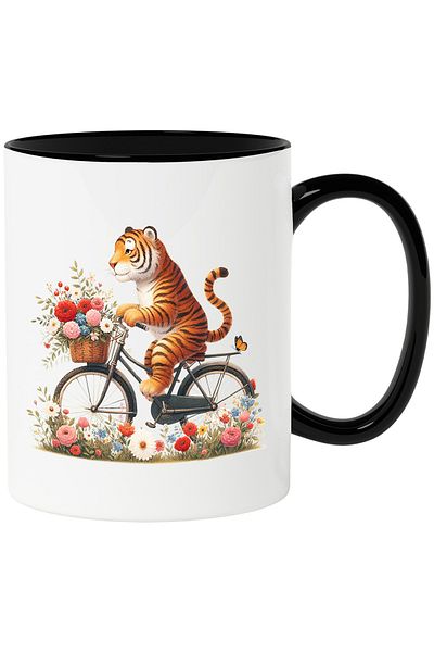 StoryGift Romania Mug with a tiger riding a bike | illustration | ride | basket with flower, With Black Handle