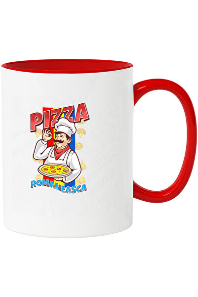 StoryGift Romania Cana cu Bucatar Cheff Gras Cu Mustata Si Palarie Rosie Steagul Romaniei Pizza Ro, Cu Maner Rosu