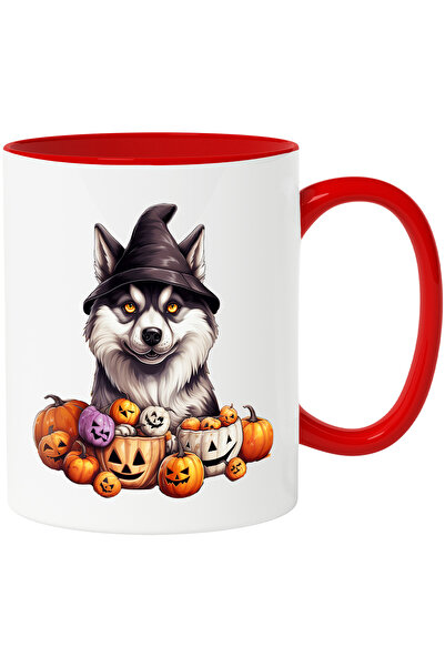 StoryGift Romania Cana cu un caine Malamut de Alaska care se uita bizar | ilustratie | dovleci dec, Cu Maner Rosu