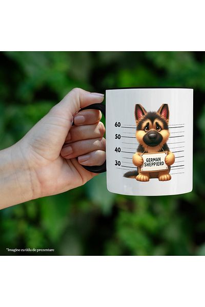 StoryGift Romania Cana cu ciobanesc german, caine, animal de companie, ilustratie, inchisoare, tri, Cu Maner Negru