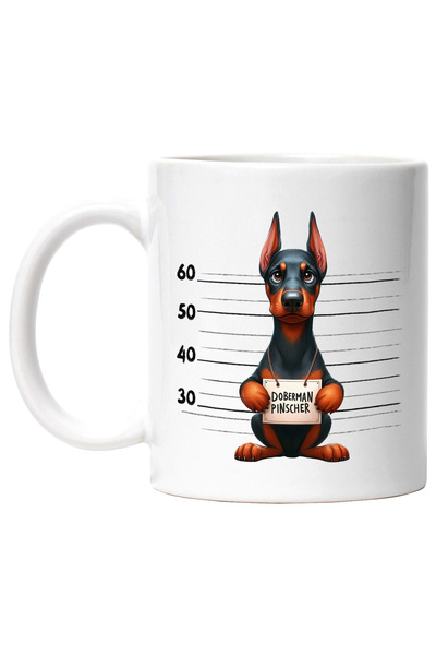 StoryGift Romania Cana cu Doberman Pinscher, caine, animal de companie, ilustratie, pitic, trist, , Cu Maner Alb