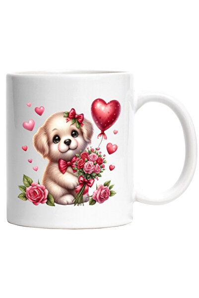 StoryGift Romania Cana cu un catelus vesel care tine un buchet cu trandafiri ...