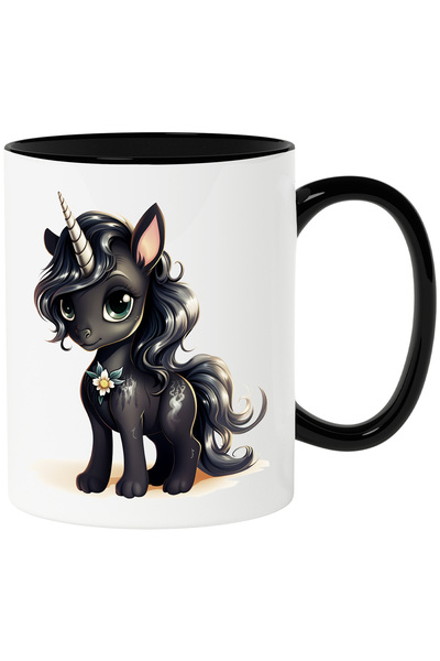 StoryGift Romania Cana cu un unicorn negru, floare, basm, ilustratie, par lun...