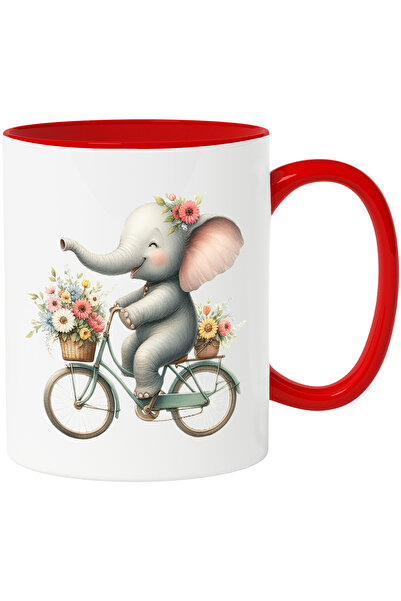 StoryGift Romania Cana cu un pui de elefant care merge cu bicicleta | plimbare | cosulete cu flori, Cu Maner Rosu
