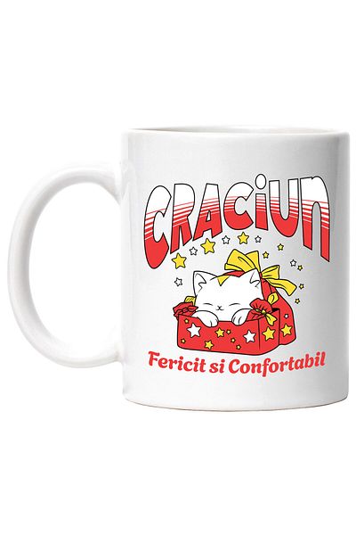 StoryGift Romania Cana cu Pisica Alba In Cutie De Cadou Rosie Text Craciunul Fericit Si Confortabi, Cu Maner Alb