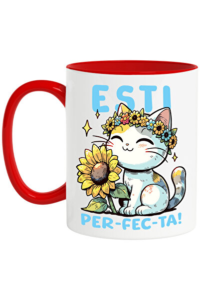 StoryGift Romania Cana Pisica cu Floricele - Esti Per-fec-ta, 330ml, Ceramic ...