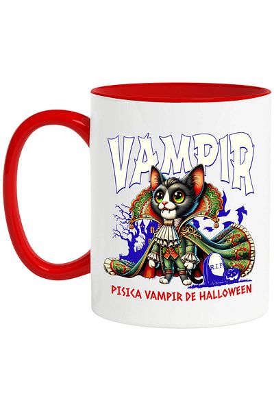 StoryGift Romania Cana cu Pisica Regina Vampir Cu Colti Text Pisica Vampir De Hallowen, Ceramica, , Cu Maner Rosu