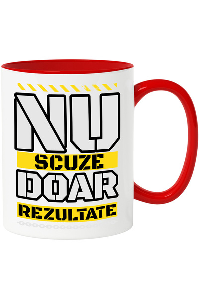 StoryGift Romania Cana Fara scuze doar rezultate, motivat, gym, 330ml, Ceramic cu Maner Rosu, Cu Maner Rosu