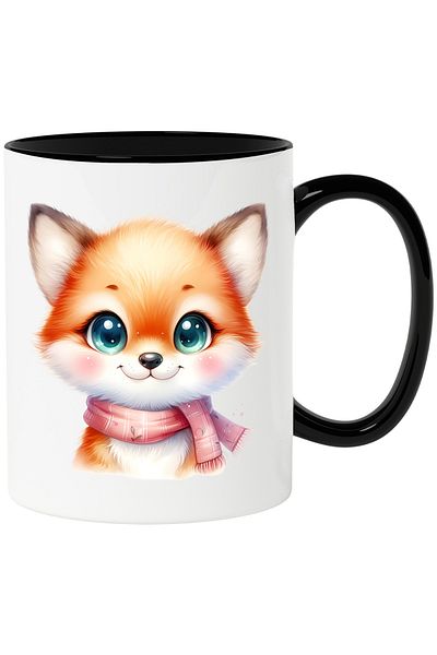 StoryGift Romania Mug with a cheerful fox | illustration | has a scarf | cold | blushing | child, With Black Handle