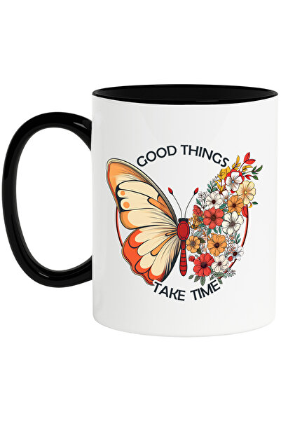 StoryGift Romania Cana cu mesajul "Good things take time", ilustratie, motivational, lucrurile bun, Cu Maner Negru