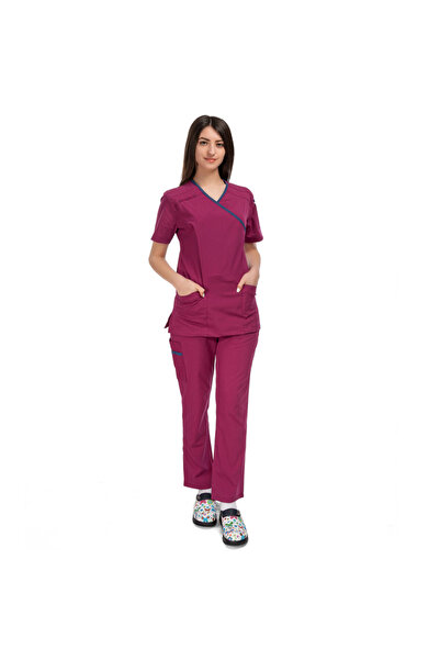 FORMTEKS Kadın SPA Hemşire Scrubs Takım Likralı Terry Cotton Fuşya-İndigo Biyeli