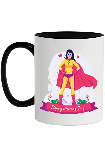 StoryGift Romania Cana Cu Mesaj In Engleza Happy Women's Day, Fata, Supererou, Ziua Femeii, Capa, , Cu Maner Negru