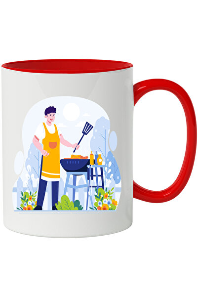 StoryGift Romania Cana Cu Gratar, Mancare, Spatula, Sort, Plante, Copac, Multicolor 330 ml, Cerami, Cu Maner Rosu