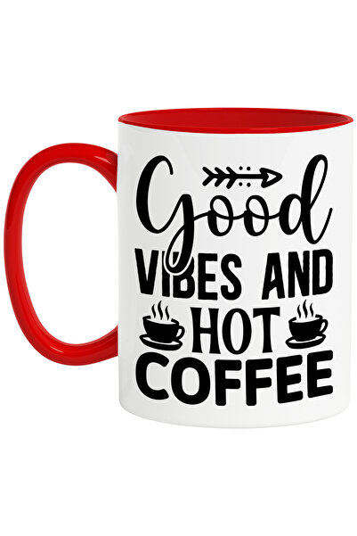 StoryGift Romania Cana pentru consumatorii de cafea cu mesajul "Good vibes and hot coffee" - cafea, Cu Maner Rosu