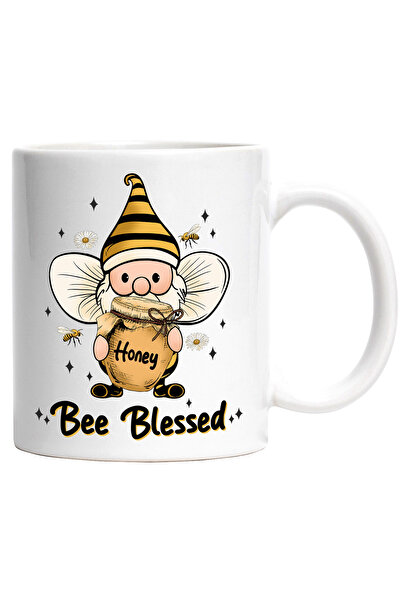 StoryGift Romania Cana cu un pitic costumat in albina tinand un borcan cu miere in brate cu mesaju, Cu Maner Alb