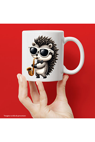 StoryGift Romania Cana cu un arici care canta la saxofon, ilustratie, papion,...