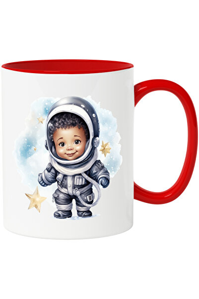 StoryGift Romania Cana cu un copil in costum de astronaut | ilustratie | stele | ninge | iarna | f, Cu Maner Rosu