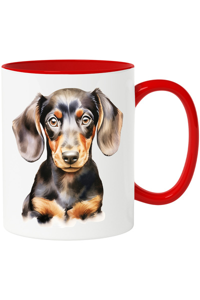 StoryGift Romania Cana cu un catel Dachshund curios | ilustratie | pentru iubitorii de caini | neg, Cu Maner Rosu