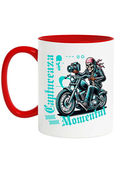 StoryGift Romania Cana cu Craniu Uman Schelete Motociclist Cu Bandana Rosie Aparat Foto Pasiune Me, Cu Maner Rosu