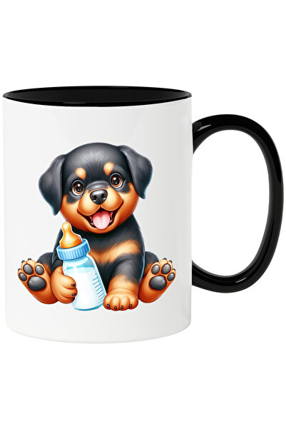 StoryGift Romania Cana cu un catelus Rottweiler care tine un biberon cu lapte...