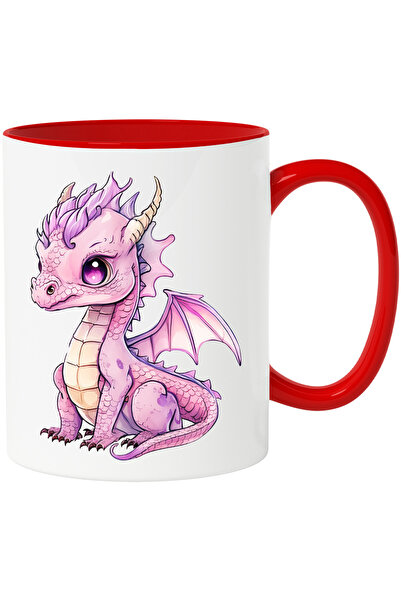 StoryGift Romania Cana cu un pui de dragon roz | ilustratie | putin trist | creatura mitica | deza, Cu Maner Rosu