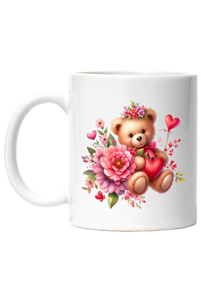 StoryGift Romania Cana cu un ursulet de plus, ilustratie, inimioare, floricel...