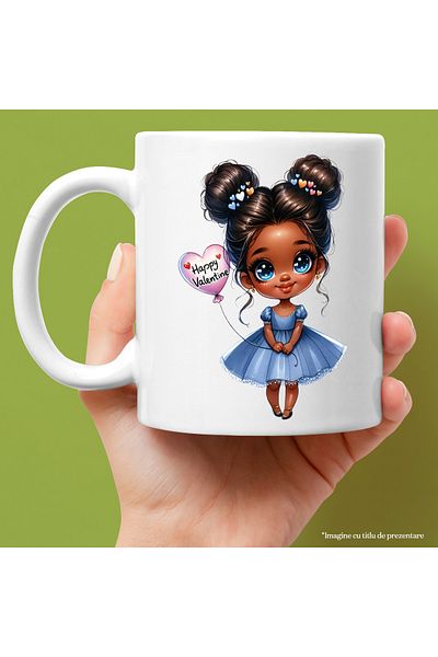 StoryGift Romania Cana cu o fetita de culoare | draguta | ilustratie | rochie albastra | Valentine, Cu Maner Alb