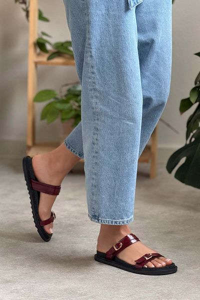 NİŞANTAŞI SHOES Happy Burgundy Wrinkled Matte Two Buckle Flat Sole Women's Slippers