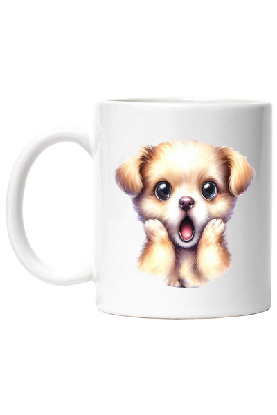 StoryGift Romania Cana cu un catelus socat, ilustratie, uimit, mirat, ochii mari, spectaculos cu M, Cu Maner Alb
