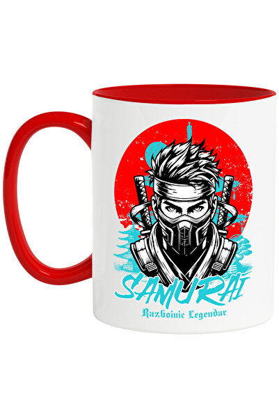 StoryGift Romania Cana cu Portret Luptator Ninja Cu masca Si Sabii Cultura Asiatica Text Samurai R, Cu Maner Rosu