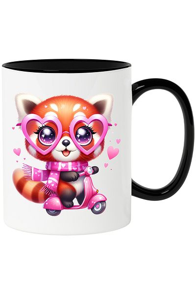 StoryGift Romania Cana cu un urs Panda Rosu care merge cu scuterul | ilustratie | plimbare | vitez, Cu Maner Negru
