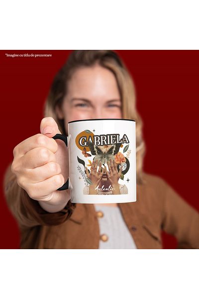 StoryGift Romania Mug With Name Gabriela, Girl Collage, Butterfly, Flowers, Circle, 330ml, Ceramic with Ma, With, STG