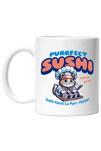 StoryGift Romania Cana cu Pisica Cheff Bucatar Cu Palarie Si Bandana ninja Stil Asiatic Text Purrf, Cu Maner Alb