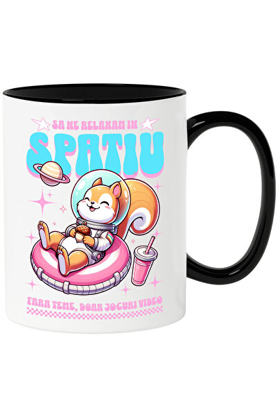 StoryGift Romania Cana cu Veverita In costum Spatial Pe Gogoasa Roz Text Sa N...