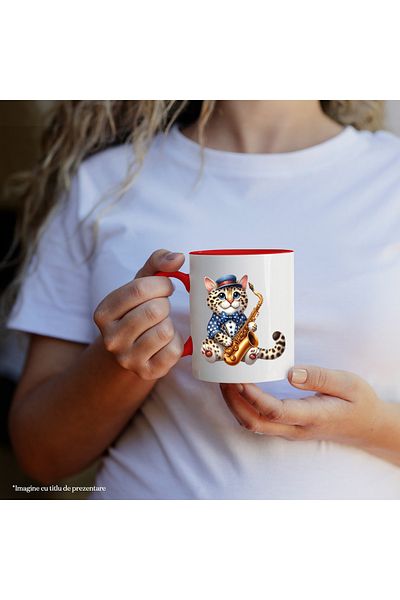 StoryGift Romania Mug with a cheetah cub holding a saxophone | illustration | music | instrument, With Red Handle